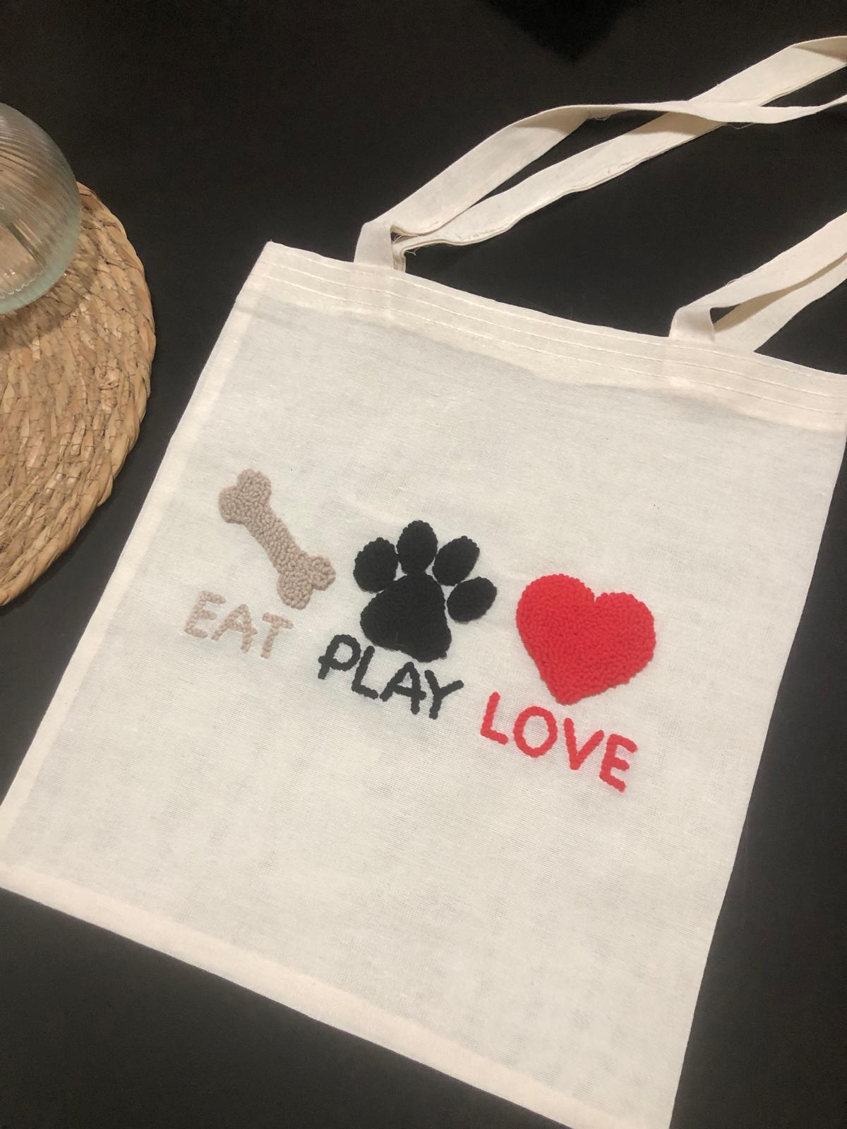 Eat Play Love Dog Punch Needle Tote Bag
