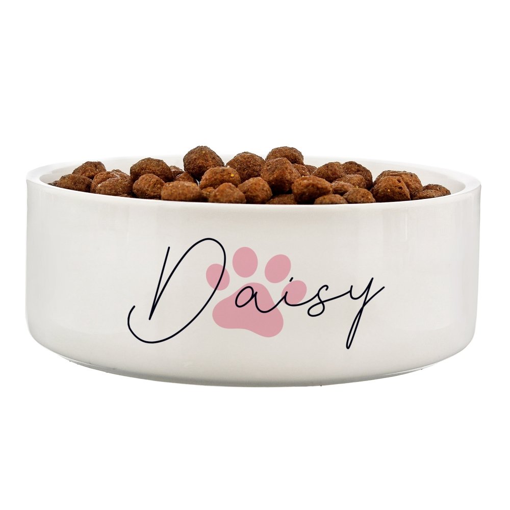 Personalised Pink Pawprint Name 14Cm Medium Pet Bowl For Dogs And Cats