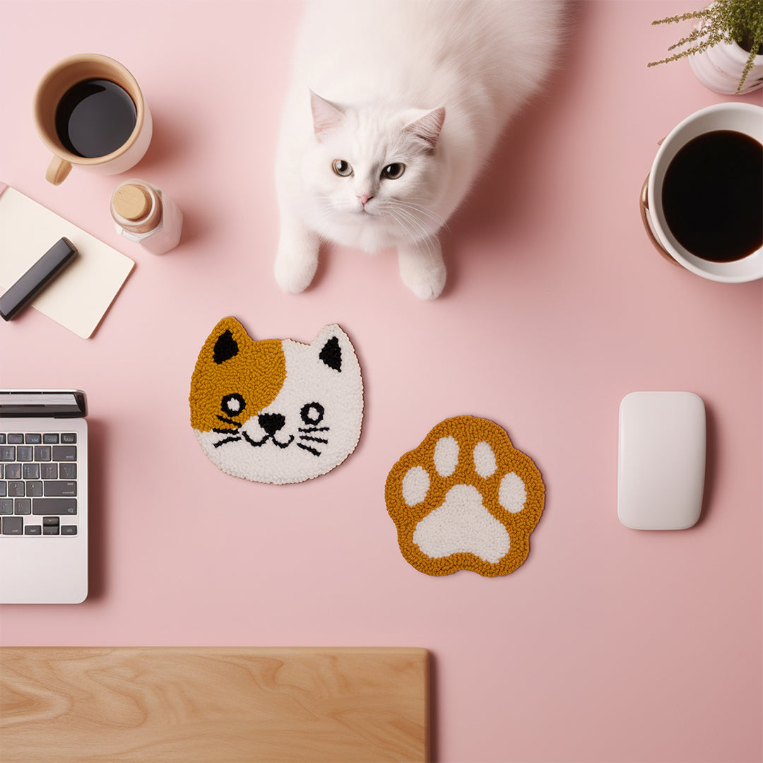 Cat & Paw Punch Needle Coaster Set