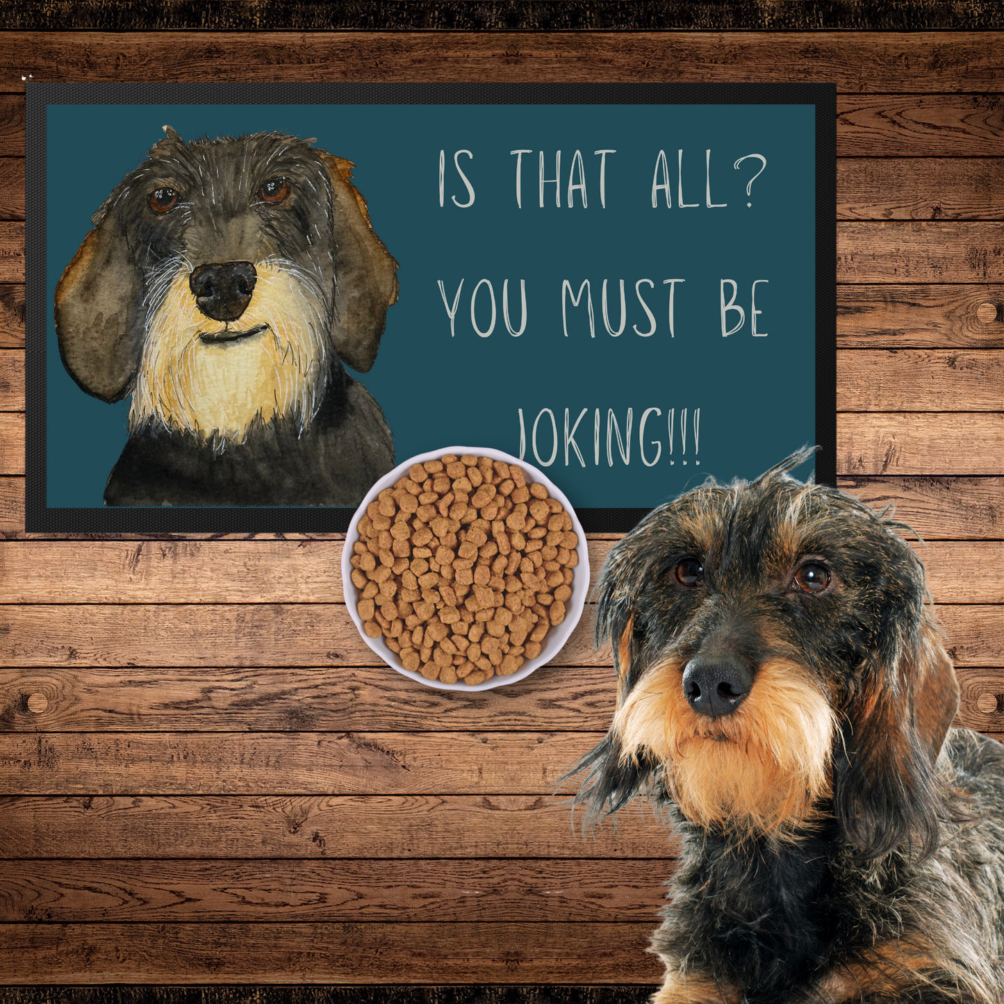 Wire Haired Dachshund Dining Drama – Hilarious Pet Bowl Mat!