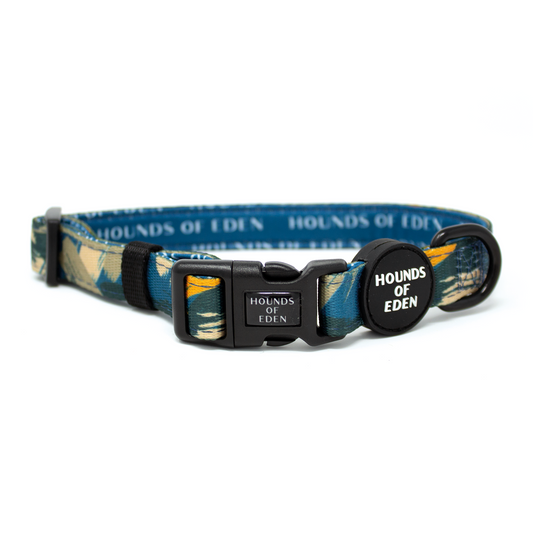 'Brush it Off' - Olive, Blue & Orange Camo Pattern Dog Collar