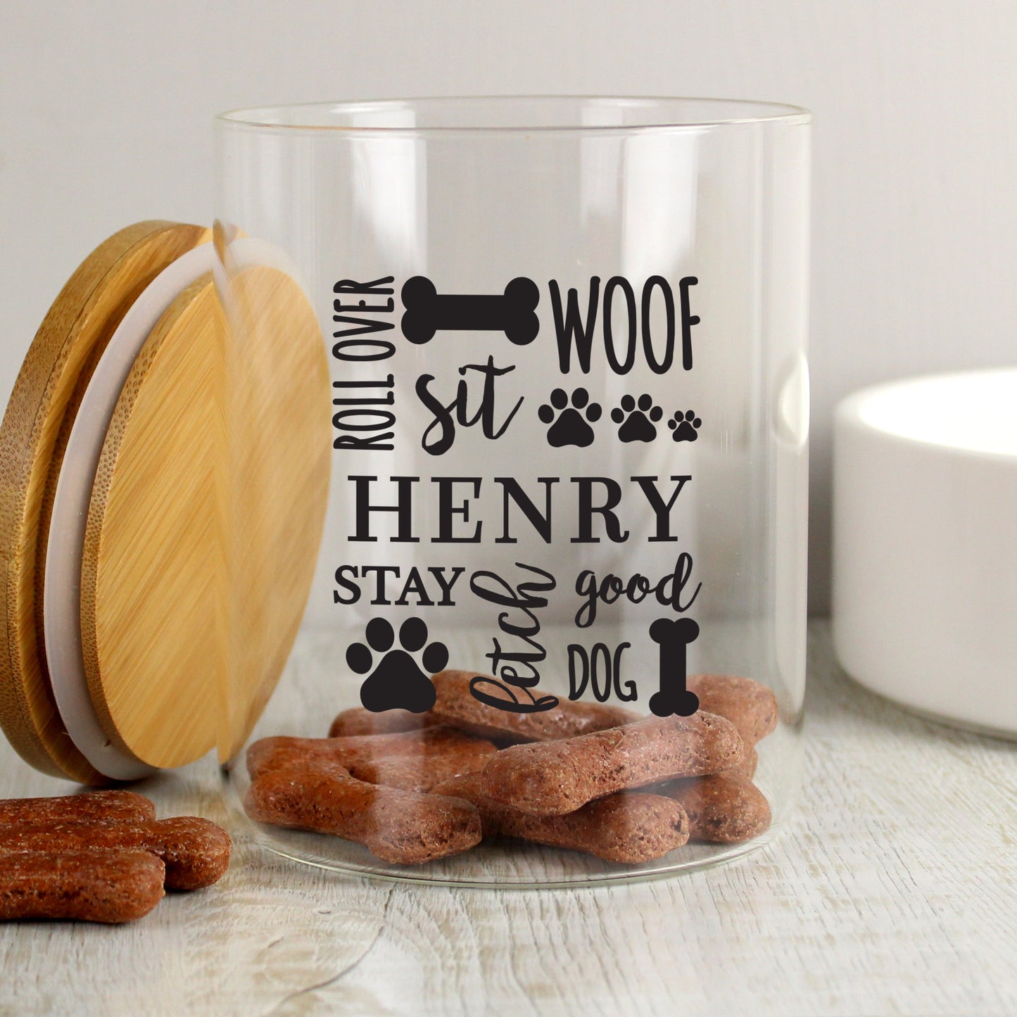 Personalised Glass Dog Treat Jar With Bamboo Lid