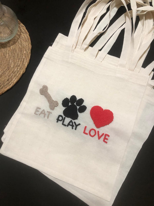 Eat Play Love Dog Punch Needle Tote Bag