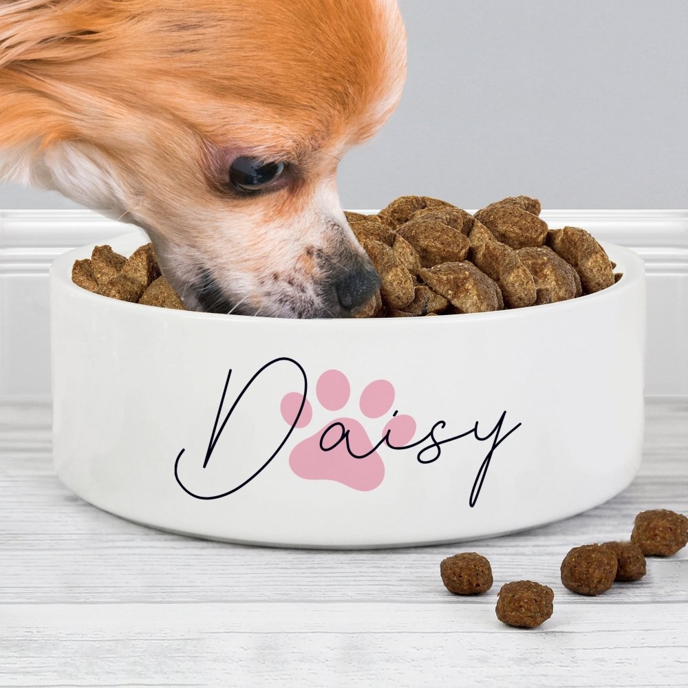 Personalised Pink Pawprint Name 14Cm Medium Pet Bowl For Dogs And Cats