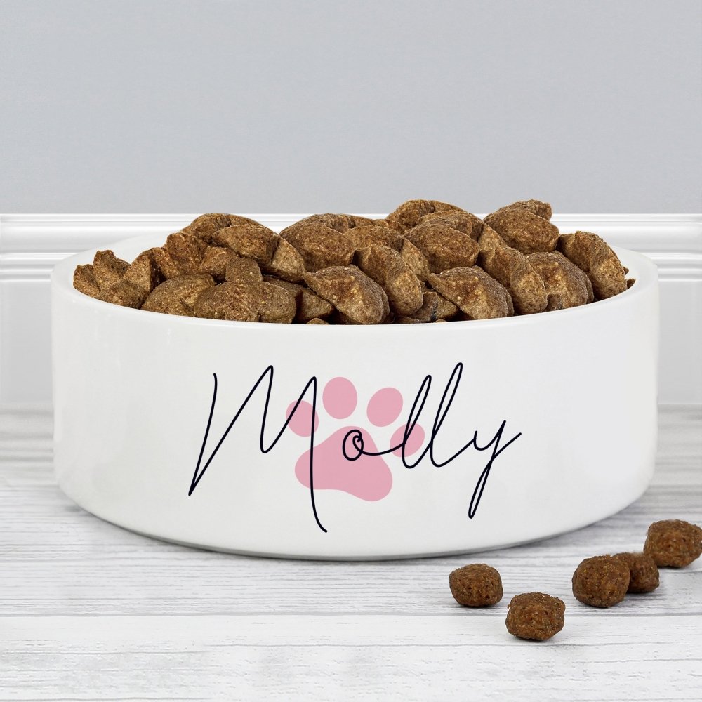 Personalised Pink Pawprint Name 14Cm Medium Pet Bowl For Dogs And Cats