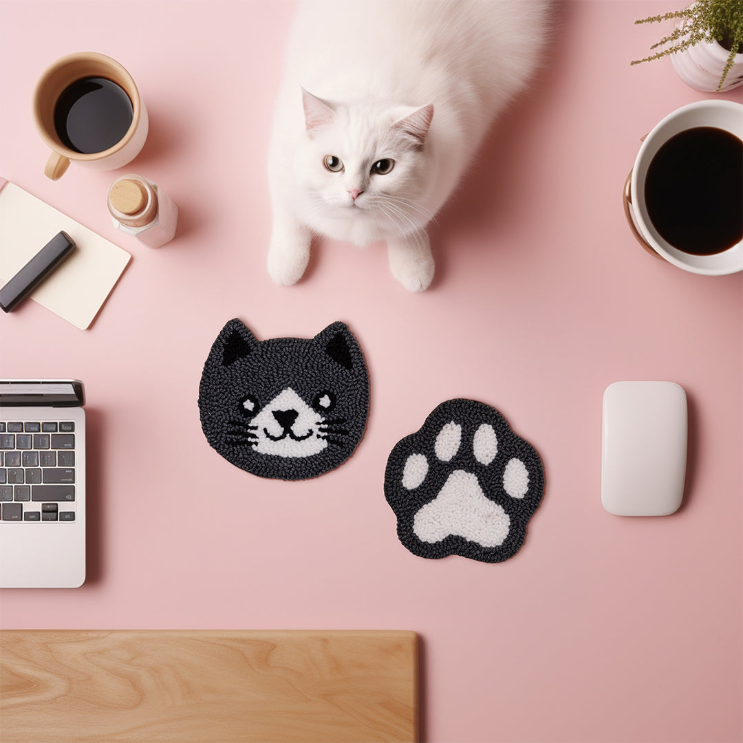 Cat & Paw Punch Needle Coaster Set