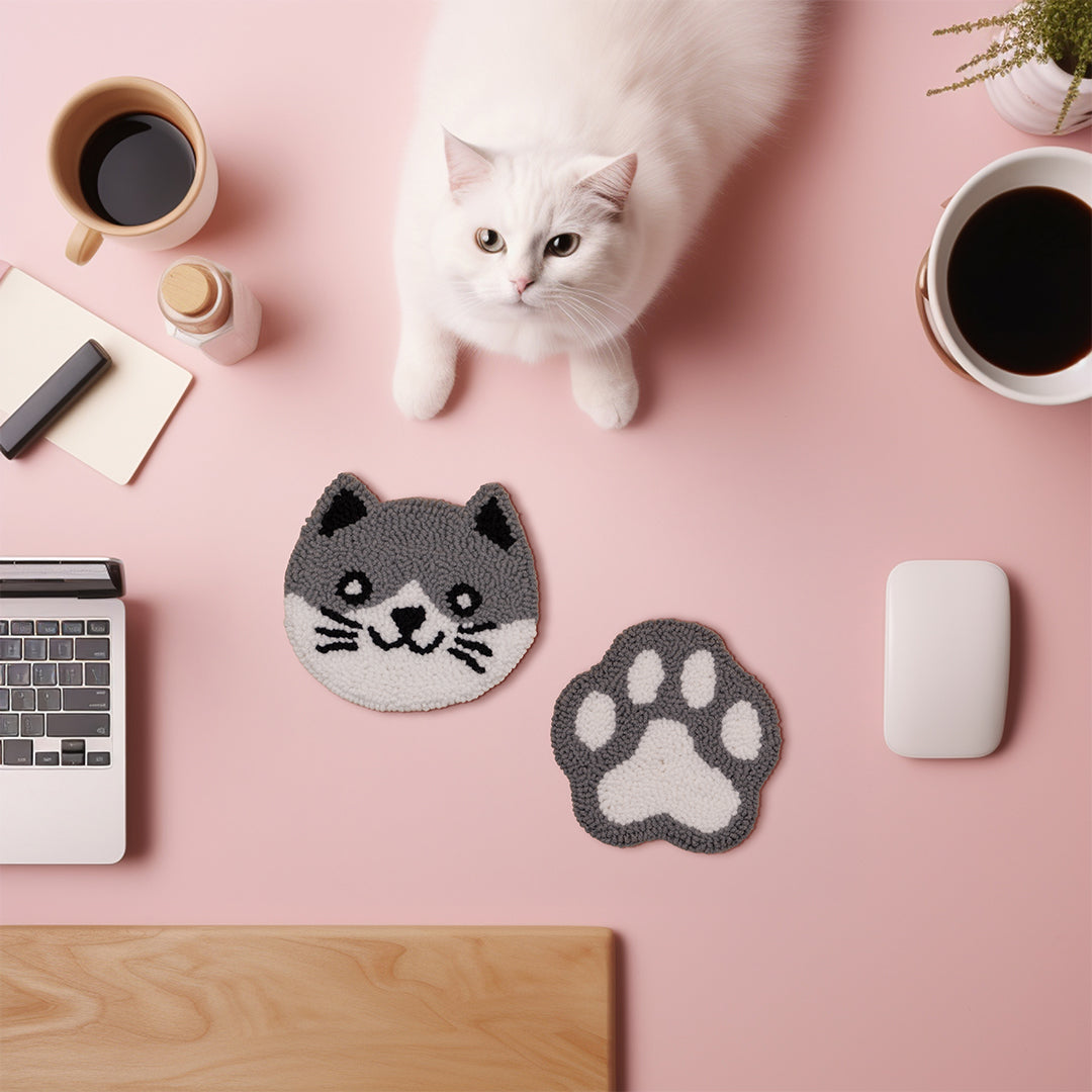 Cat & Paw Punch Needle Coaster Set